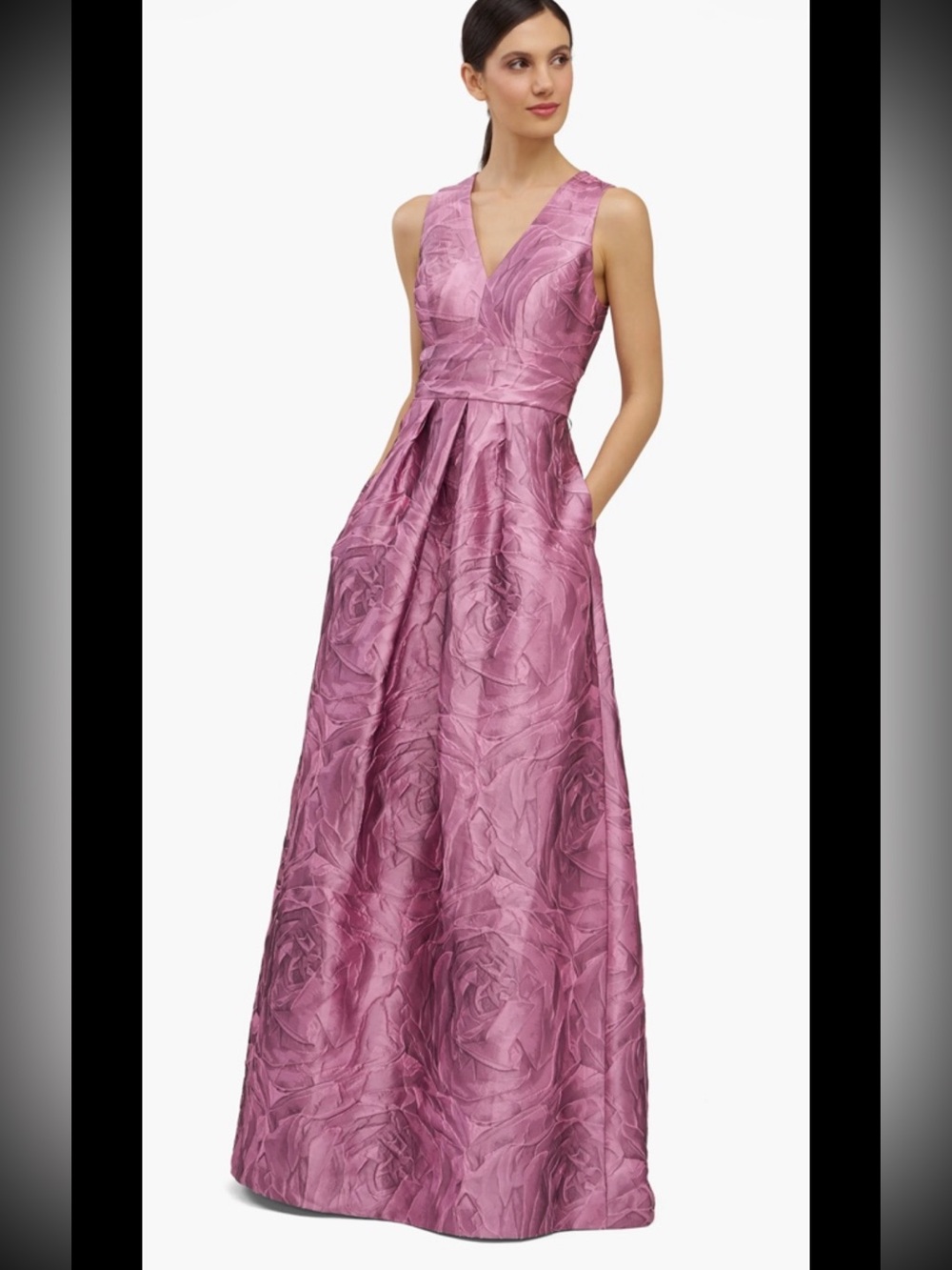 Kay Unger Mauve Pink Rose Jacquard V-Neck Maxi Gown, sz 12, new - Picture 2 of 13